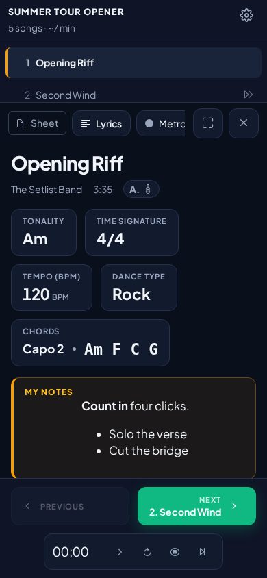 SetlistR live view on a phone